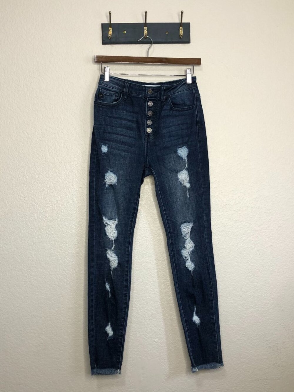 KanCan Dark Blue Distressed Button Fly High Rise Jeans Women's 7 Preppy Casual
